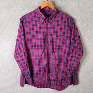 UNIQLO Shirt Mens Large Red Blue Tartan Plaid Long Sleeve Button Down Cotton